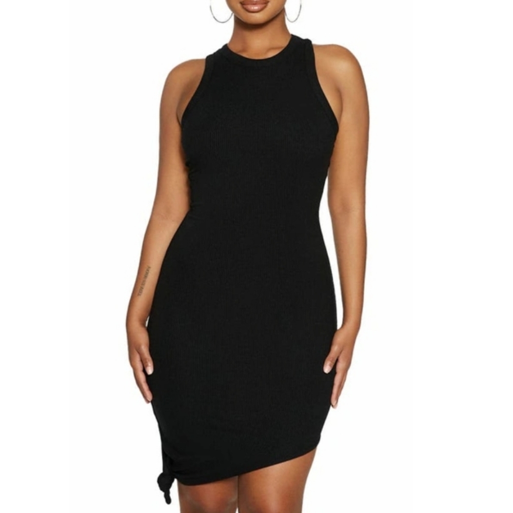 Naked Wardrobe Side Tie Asymmetric Hem Tank Dress in Black Size M